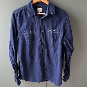 Navy blue white contrast stitch long sleeve cotton shirt workwear style EUC